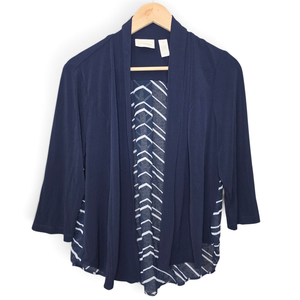 Chicos Cardigan Womens Size 1 Medium Navy Blue Chevron Print Back Open Front Top